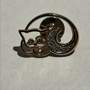 Gold Cat Brooch with Silver Accents